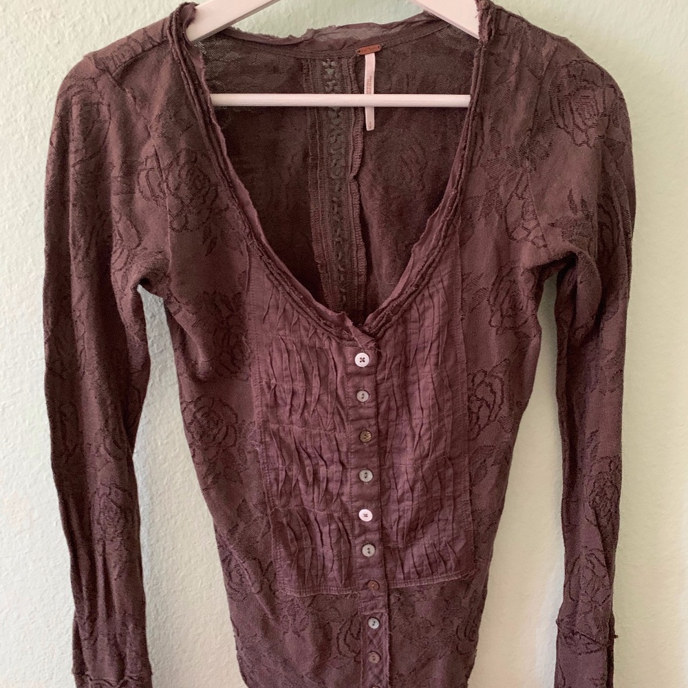 Free People Brown Button Down Long Sleeve Top